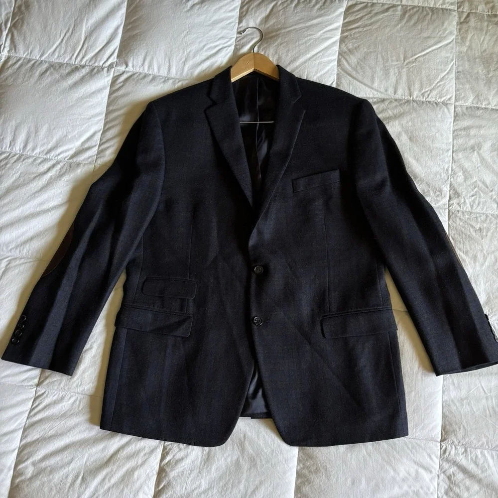 LRL Elbow Patch Blazer Sport Coat Men's 44R Wool Black Blue Check Dark Academia